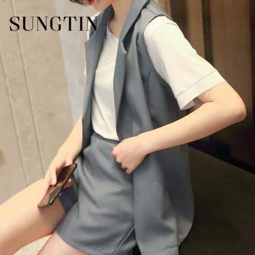 Sungtin Office Lady Vest Shorts 2 Piece Sets Women Solid Loose Sleeveless Blazer Jacket Suit Elegant Korean Blazer Set Casual OL
