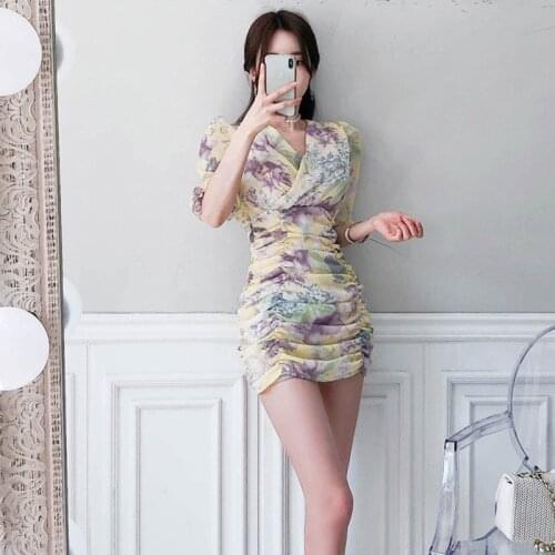 2021 Summer New Style Korean Womens Temperament V-Neck Slim Short Sleeve Printing Pleated Fashion Bodycon Dress Women Dress