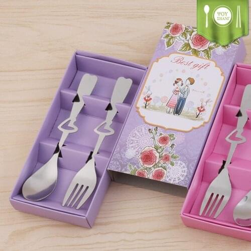 100sets/lot stainless steel tableware romantic lover heart spoon/ fork souvenirs Valentines Birthday party return gifts