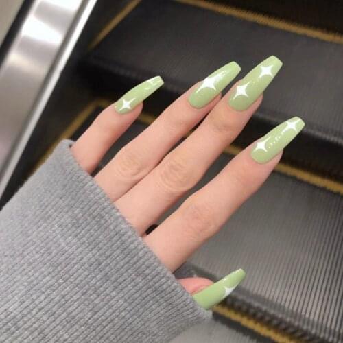 24pcs false nails Matcha Green Patch Star Print Glue Type Removable Long Paragraph Fashion Manicure False Nail Patch TN