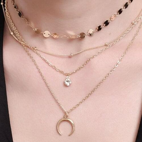 4 Pcs/Set Women Necklaces Gold Color Disc Beaded Crystal Moon Pendant Multilayer Clavicle Chain Beach Fashion Ladies Jewelry