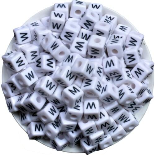 Acrylic Spacer Beads Square White Letter Pattern "W" About 10mm(3/8")x 10mm(3/8"),Hole: Approx 4mm,50 PCs
