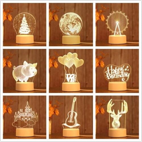 Heart Guitar Deer Castle Shape Acrylic 3D Nightlight usb Table Lamp Warm White Light Home Bedroom Living Room Decor Kids Gift