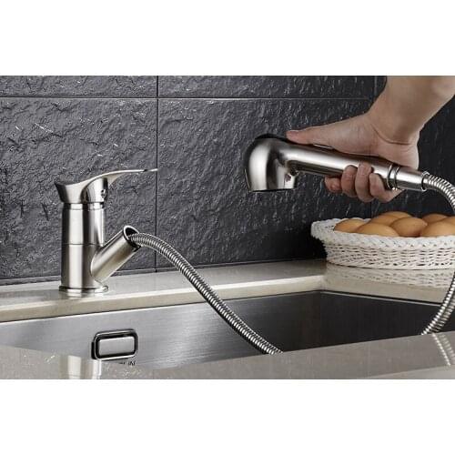 Free Ship brushed nickel Kitchen faucet brass faucet hot and cold sink tap Water Tap with pull out shower head Kitchen Mixer