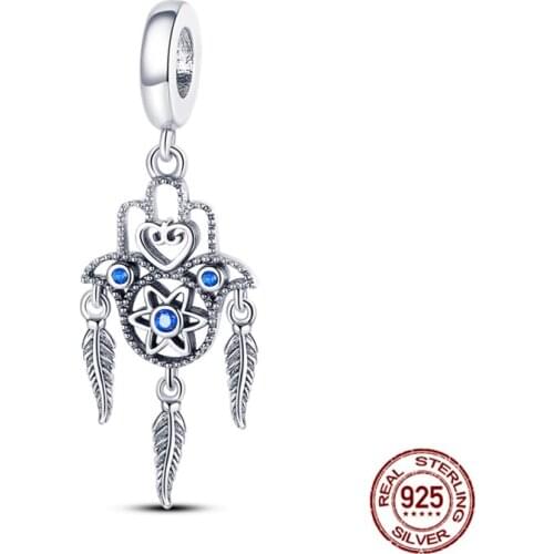 New 925 Sterling Silver Blue Feather Palm Charm Beads Fit Original Pandora Bracelet Pendant Fashion Jewelry Valentines Day Gift