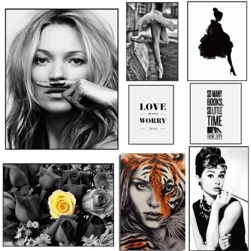Canvas Painting Supermodel Kate Moss Rose Audrey Hepburn Letters Poster Print Wall Art Picture Black White Home Decoration