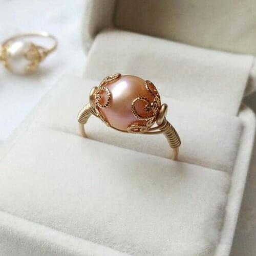 11MM Pink Pearl Rings Handmade Natural Pearl Jewelry Knuckle Ring Mujer Bague Femme Minimalism Boho Gold Filled Rings