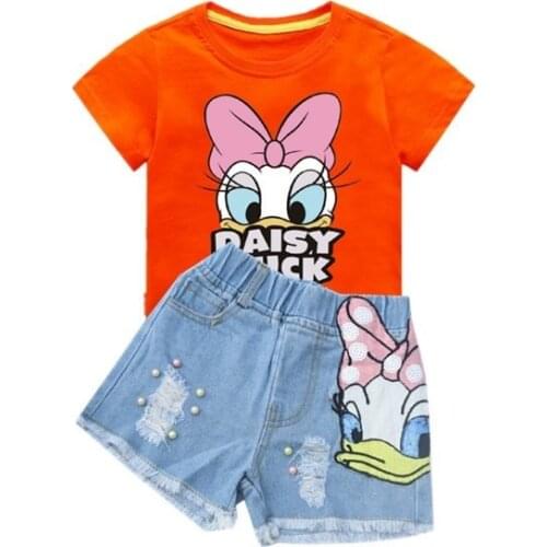 Summer Kids Clothes Girls Ruffle Outfits Duck Shirt&Sequins Embroidery Broken Hole Pearl Denim Shorts Little Girls Clothing Set