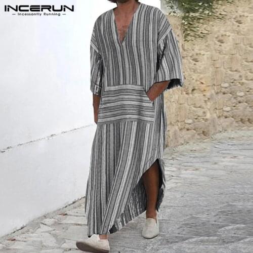 INCERUN Men Muslim Kaftan Cotton Arabic Islamic Robes Striped Retro Pockets Long Sleeve Middle East Men Jubba Thobe S-5XL 2021