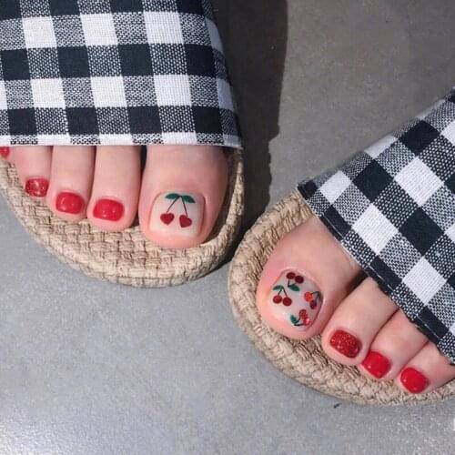 24pcs Fake Nails With Glue Burgundy Cherry Short Toe Nail Sticker Finished Artificial Nails Press On Toenails Design For Girl DL