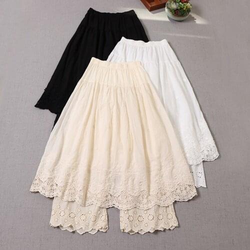 2021 autumn Japan Style Mori Girl Culottes Solid Color Cotton Embroidery Hollow Skirt Women