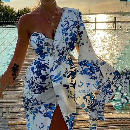 Autumn Sexy V-Neck Women Party Dress Office Lady Elegant One Shoulder Print Dress Fashion Irregular Flared Sleeves Split Dress