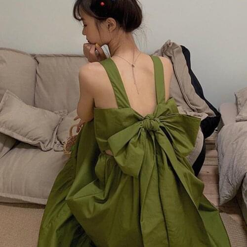 Green White Dresses Sexy Sling Square Collar Backless Big Bow Tie Sweet Dress Girl 2021 New Summer Vintage Fashion Fairy Dress