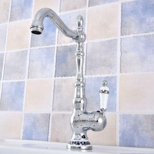 Polished Chrome Brass Kitchen Faucet Vanity Sink Mixer Tap Swivel Spout Single Handle Tap Deck Mounted Lsf672