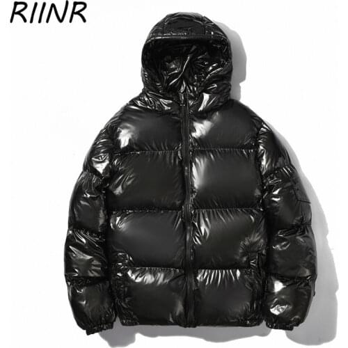 Riinr 2021 Shiny Thick Padded Coat 2021 Fashion Trend Warmth Reflective Hooded Mens Solid Color Jacket Couple Plus Size Coat