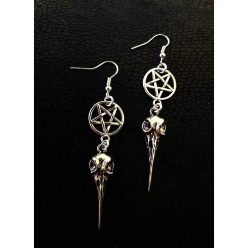 Bird Skull Earrings Witch Jewelry Gothic Earrings Pentagram Crow Skull Gothic Pagan Earrings Gift Wiccan