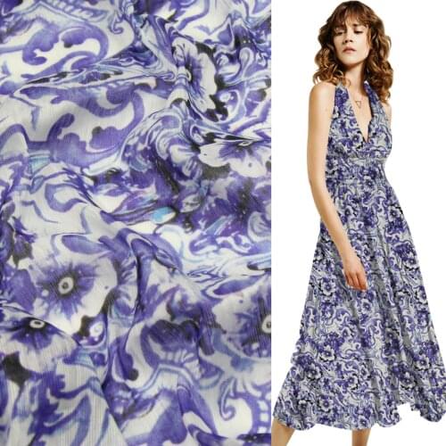 Blue and white Celadon flowers print silk linen blended fabric 14momme,SLN110