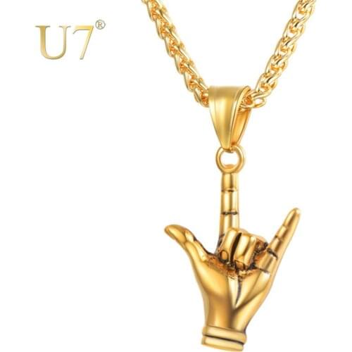 U7 Brand New Rock Roll I LOVE YOU Gesture Pendant Necklace for Men Gifts Jewelry Stainless Steel Necklaces Hip Hop Style P1167