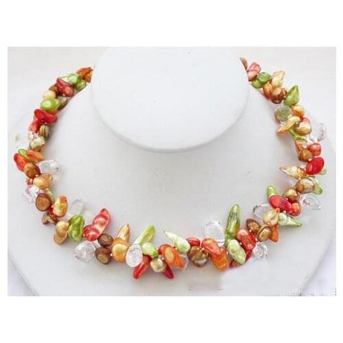 Luck Jewelry Store 2row Red Green Yellow Color Biwa Real Pearl Crystal Beads Necklace Smart Jewelry Charming Women Gift