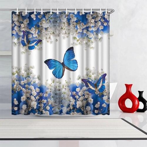 Blue Butterfly Shower Curtain Spring White Flowers Bathroom Curtain Waterproof Fabric with Hooks 180x180cm Bathroom Decor