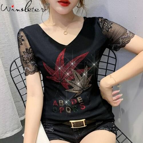 Summer European Clothe T-Shirt Sexy Fashion V-Neck Patchwork Lace Shiny Diammonds Women Tops Short Sleeve Tees New 2021 T14706A