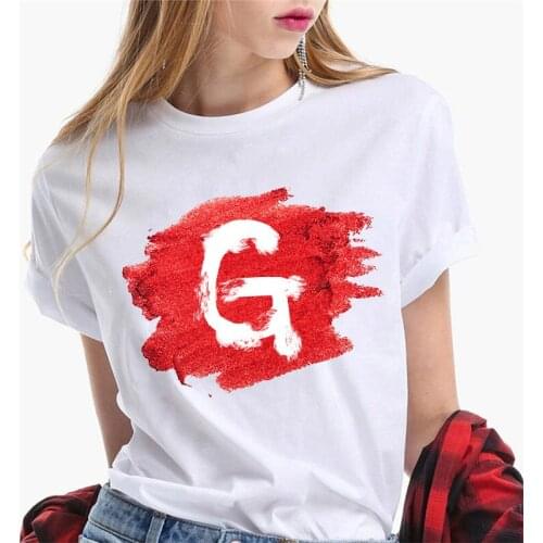 Women Tshirt 2021 Summer Retro 26 Alphabet Letter G Print Casual Short sleeve Ladies Tee Tops Fashion streetwear Female T-Shirt
