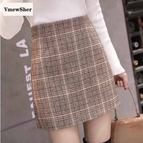 VmewSher New Retro Plaid High Waist Skirt Women Autumn Mini High Waist Vintage Short Office Lady Elegant Woolen Wrap Skirts