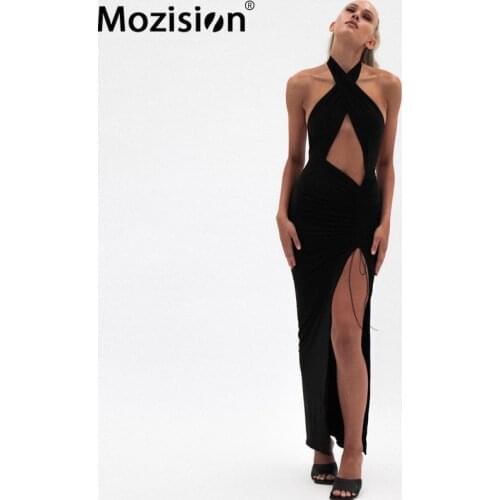 MOZISION Womens Dress Hollow Out Ruched Drawstring Dresses Ladies 2021 New Solid Sleeveless Sexy Party Irregular Dress Vestidos
