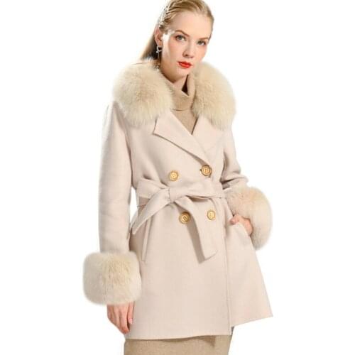 2020 Winter Fashion Slim Women Cashmere Coat Double Side Wool Coat with Real Fox Fur Collar Trench Coat Female Overcoats