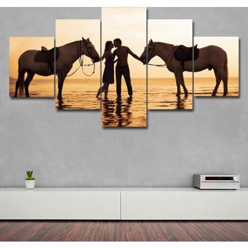 5 Pieces Modular Seaside Pull horse couple kissing Canvas Print Posters Pictures Oil painting Wall art canvas Paintings Decor