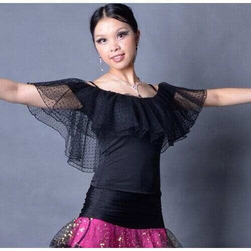 Ballroom dance modern dance two layers dots gauze lotus leaf big round collar top T13015