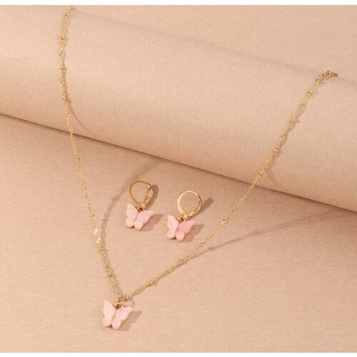 Docona Bohemain Butterfly Pendant Necklace Colorful Acrylic Drop Earring Jewelry Sets for Women Adjustable Wedding Jewelry 18054