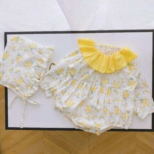 Baby Girl Romper 2pcs 0-18M Floral Print Long Sleeve Baby Romper+hat Fall Spring Baby Clothes Lotus Leaf Collar Baby Jumpsuit