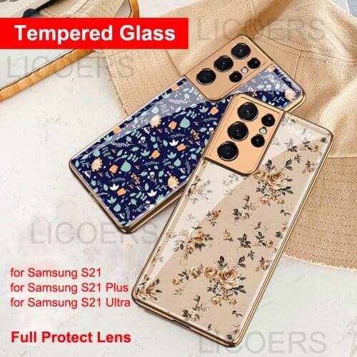 For Samsung Galaxy S21 Ultra Plus S21 5G Case Plated 9H Ceramics Tempered Glass Full Protect Camera Lens Vintage Floral Cover