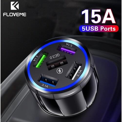 FLOVEME 15A 5 Ports USB Car Charger QC3.0 3.1A Fast Charging For iphone 12 11 Pro Max Samsung Xiaomi LED Mobile Phone Charger