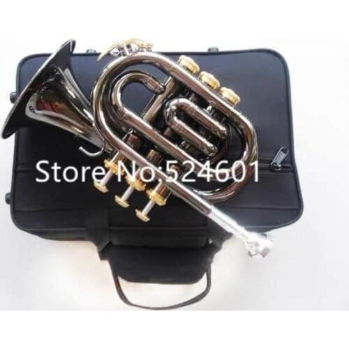 Hot Selling Mini Pocket Trumpet Bb Flat Black nickel Wind instrument with Mouthpiece Case Free Shipping