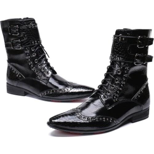 Imported Patent Leather Black Chelsea Boots Mens Classic Retro Dress Ankle Boots Double Buckle High-Cut Shoes Social Gents 47