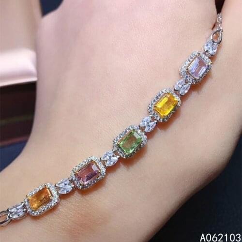 KJJEAXCMY fine jewelry 925 sterling silver inlaid natural color sapphire new women noble rectangular gem hand bracelet support d