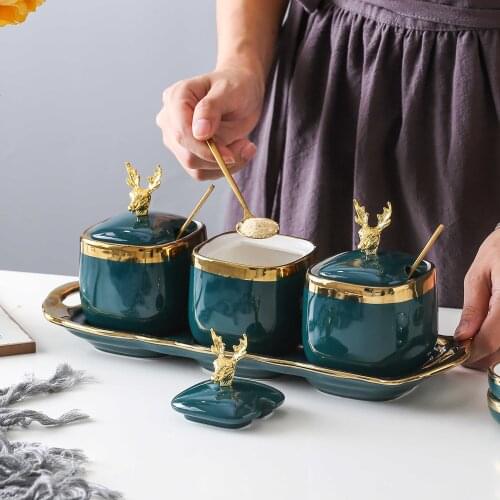 Kitchen Ceramics Spice Jar European Household MSG Salt Sugar Head Storage Tank with Spoon Combination Seasoning Box with Tray