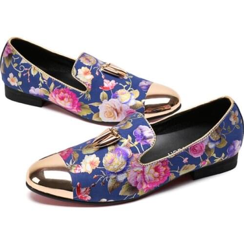 Gold Metal toe Embroidery Loafers Slip on Genuine leather Wedding Party Shoes Big Size euro 38-46