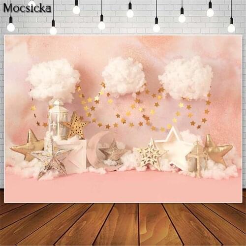 Mocsicka Girls First Birthday Pink Cake Smash Photography Backdrops Gold Stars Clouds Decor Photo Props Studio Booth Background