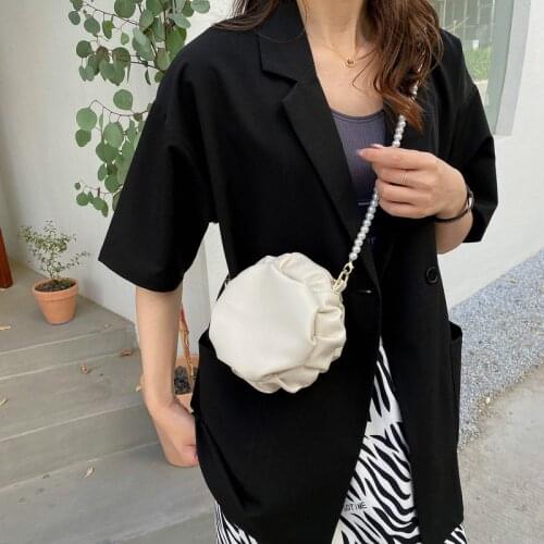 Fashion Pearl Chain Messenger Bag Women Designer Pleated Round Shoulder Bag Woman Womens Luxury High Quality Pu Crossbody Bags
