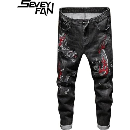 SEVEYFAN Mens Fashion Dragon Embroidery Jeans Elastic Scratched Washed Pencil Denim Pants High Quality Slim Jeans Trousers