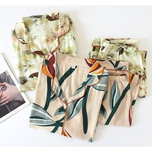 Spring Summer Long-sleeved Trousers Viscose Women Pajamas Set, Cotton Silk Cardigan Lapel Large Size Ink and Flower Home Service