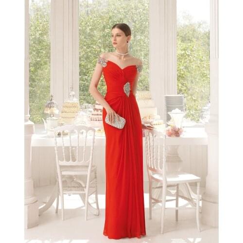A-Line Off Shoulder Beaded Evening Dresses Indian Formal Gown Long Chiffon Floor Length Evening Gown Off the Shoulder from China