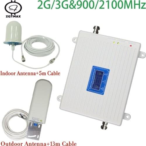 ZQTMAX 2G 3G Cellular Signal Booster gsm Repeater 900 2100 Dual Band LTE Mobile Amplifier 70dB internet data booster + antenna