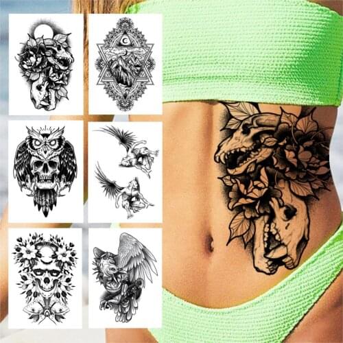 Dinosaur Flora Temporary Tattoo For Women Men Adult Black Owl Skeleton Flower Tattoos Sticker Monster Fake Demon Tatoos Decal