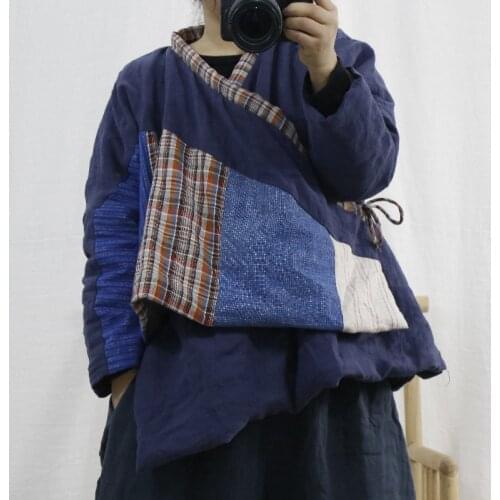 Johnature Women Chinese Style Fall Parkas Belt Warm Coat V-Neck Long Sleeve 2021 New Autumn Patchwork Color Vintage Linen Parkas