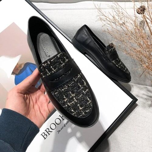 Women Black Tweed Flats Shoes 2021 Casual Slip on Ladies Shoe Breathable Oxford Shoes for Women Plus Size 43 44 Female Shoes