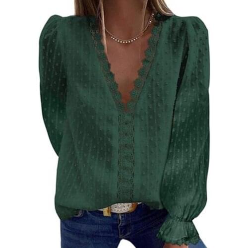 Women Solid Pullover Tops Blusa Streetwear Office Lady Shirt Lace Patchwork Ladies Shirt V Neck Long Sleeve Chiffon Blouse Tops